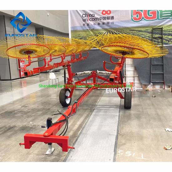 Ancinho de feno rotativo de tração de trator com 8 discos de 5,5 m de largura para placa de dedo montado Ancinho Tedder Implemento agrícola Máquina de coleta de grama Roda de máquinas agrícolas